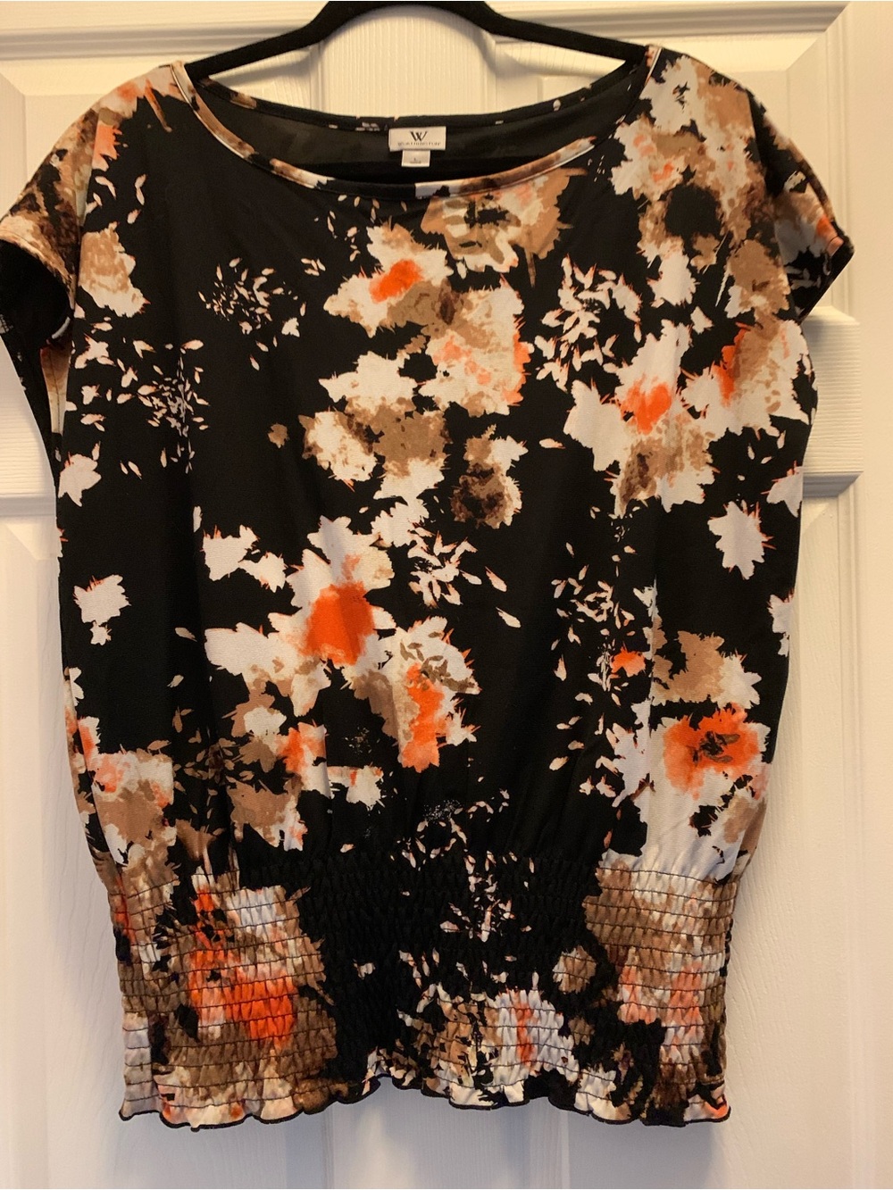 Worthington Women’s Size Large Floral Smocked Hem Top - Black, Orange, Cream